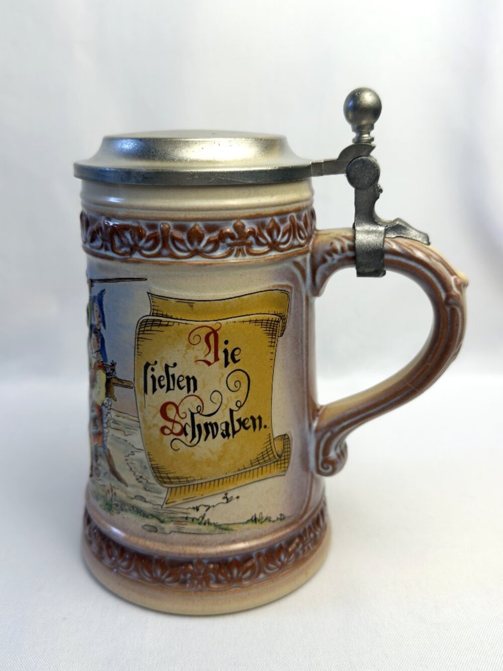 Gerz Germany Beer Stein Pewter Lid Vintage Stoneware Relief Bunny Folk Scene 7"